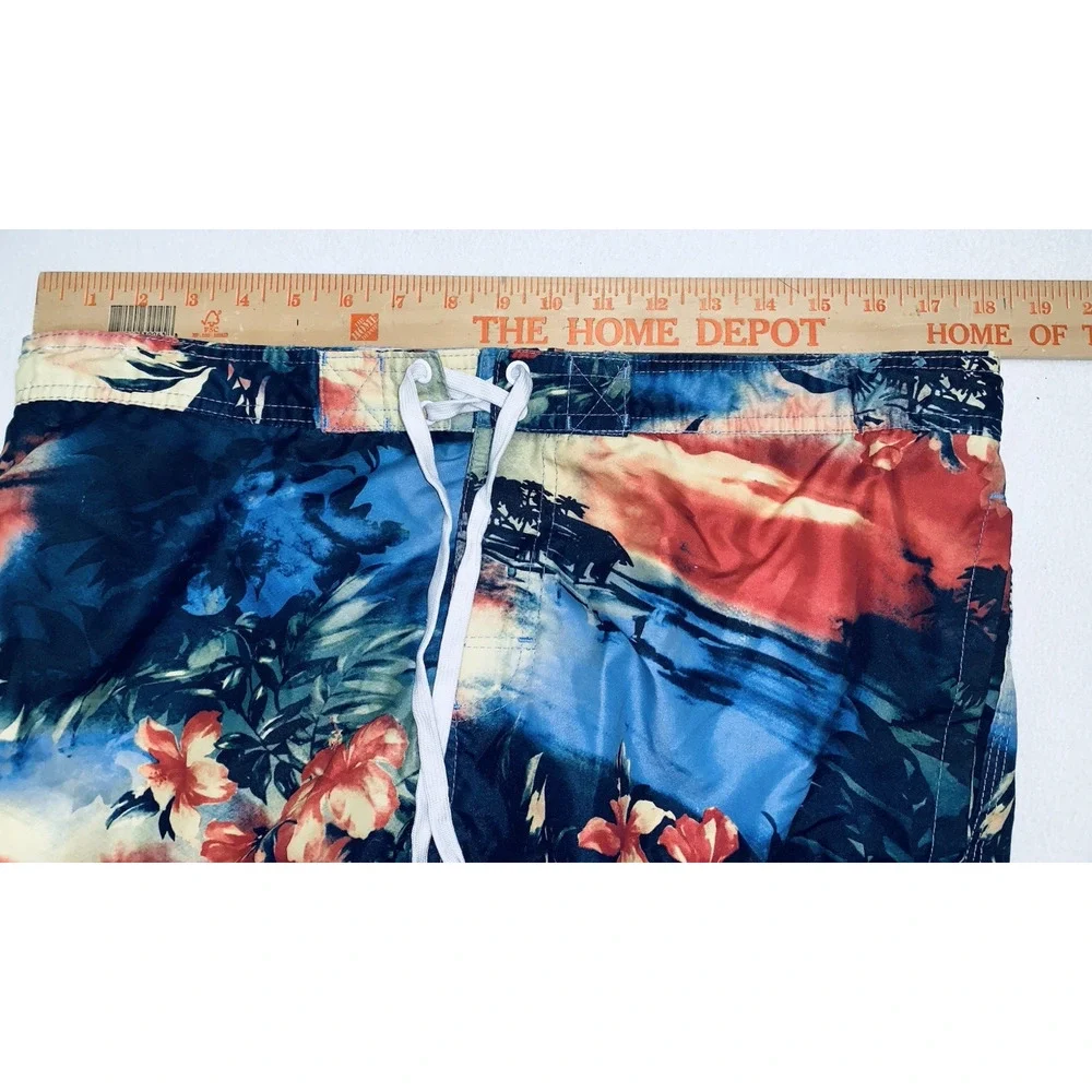 Merona Mens L Blue Orange Beach Aloha Floral Board Shorts Swim Trunks Drawstring